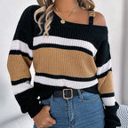 Women's Cold Shoulder Sweater - Fall Color Block Long Sleeve Pullover
