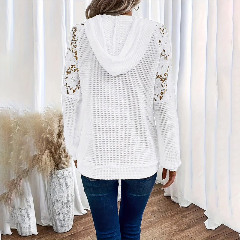 Women's Solid Color Casual Hooded Sweatshirt With Lace-Trimmed Sheer Sleeves & Large Lace Pockets, Pullover Hoodie