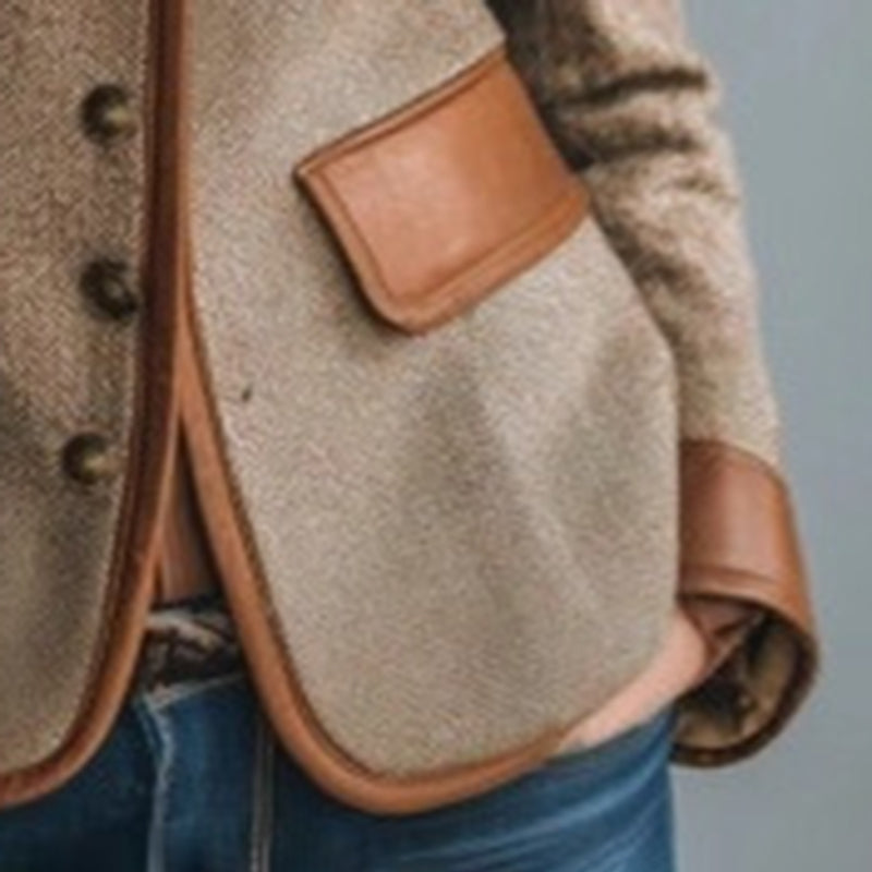 Women's Retro Elegant Jacket, Color-Block Button Front Coat With Stand Collar For Casual And Formal Wear