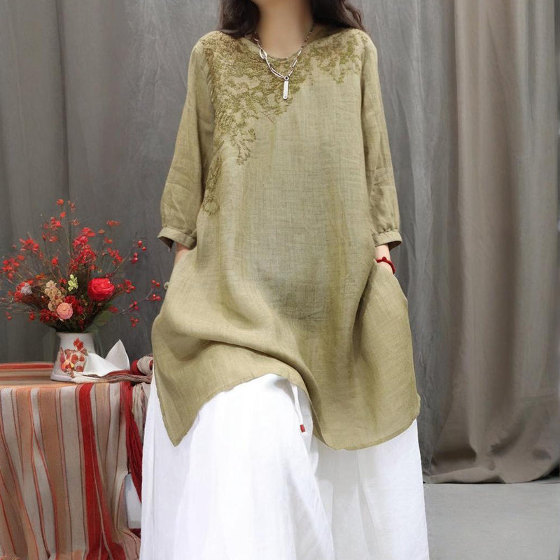 Women's Solid Color Round Neck Embroidered Long Sleeve T-Shirt - Vintage Floral Design Spring Summer Casual Comfort