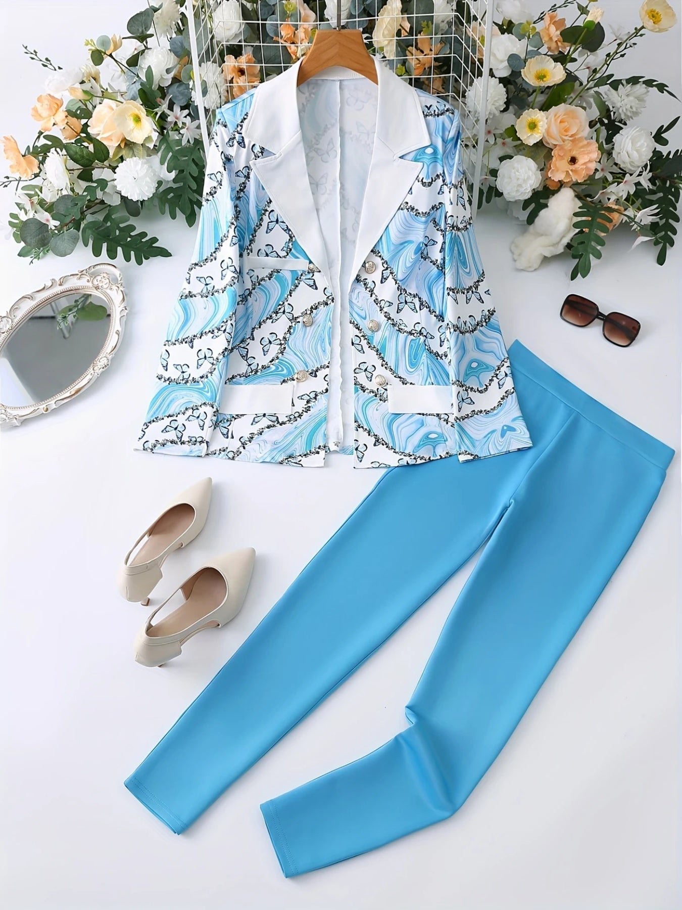 2025 New Elegant And Fashionable Two-piece Set, Featuring A Blue Butterfly Marble Gradient Print Lapel Double Breasted Long Sleeved Suit Jacket And Solid Color High Waisted Slim Pants, To Be Your Own