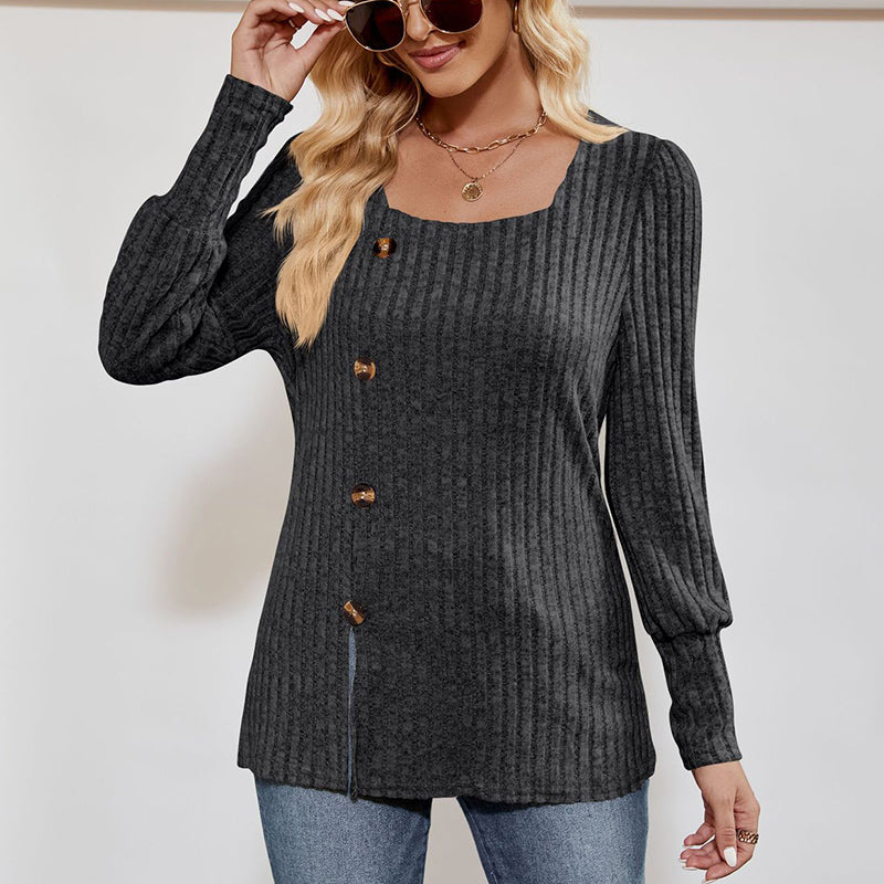 Women's Square Neck Tunic Top - Loose Fit Side Slit Long Sleeve Blouse With Button Decor