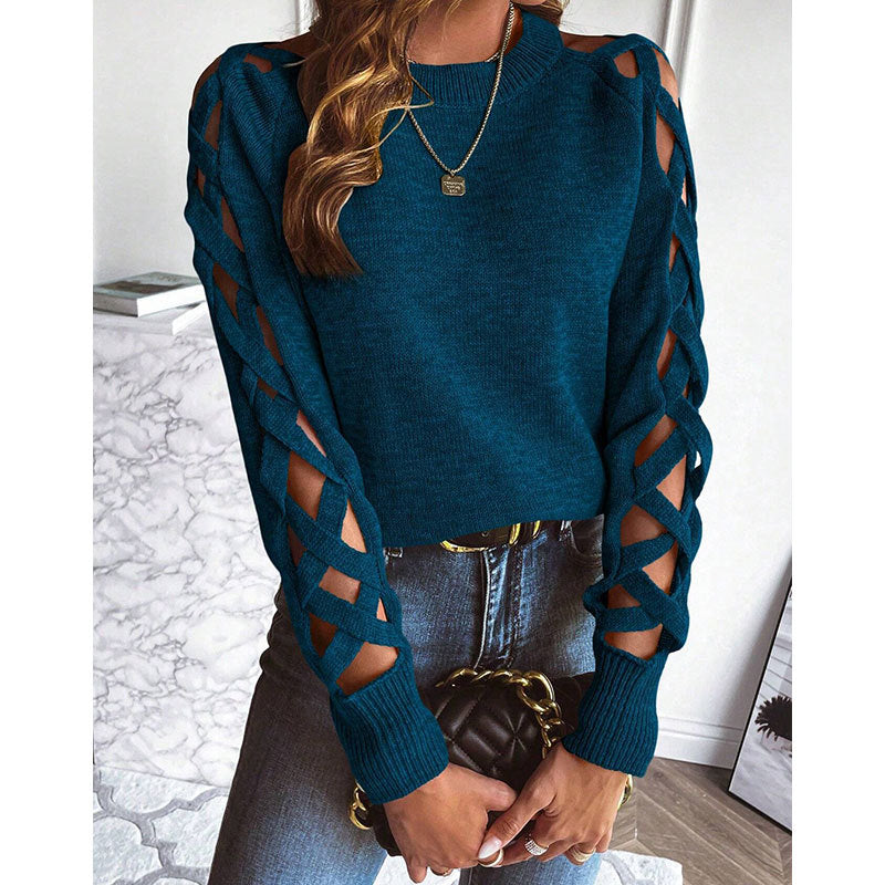 Women's Casual Long Sleeve Hollow Out Sweater, Trendy Chic Crewneck Openwork Knit Pullover Top For Fall