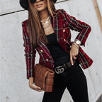 Women's Elegant Checkered Long Sleeve Blazer - Double-Breasted Printed Trench Coat For Fall&Winter, Office & Casual Jacket