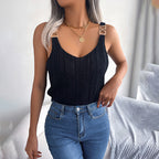 Women's Sleeveless Knitted Camisole With Metal Buckle Straps Crew Neck Tank Top
