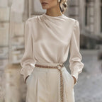 Women's Pleated Long Sleeve Blouse, Round Neck Business Casual Shirt, Dressy Fall 2025 Work Tops