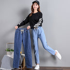 Korean Style Women's Straight Casual Elastic Waist Tied High Waist Student Jeans