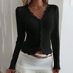 Women's Elegant Lace Trim V-Neck Blouse, Ruffle Detail Long Sleeve Button-Down Shirt For Spring Fall Wear