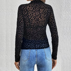 Women's Solid Color Stand Collar Long Sleeve Fitted Top, Sheer Leopard Print Pattern, Layering Base For Spring And Autumn