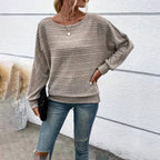 Women's Textured Round Neck Long Sleeve Top - Casual Solid Pullover For Spring & Fall