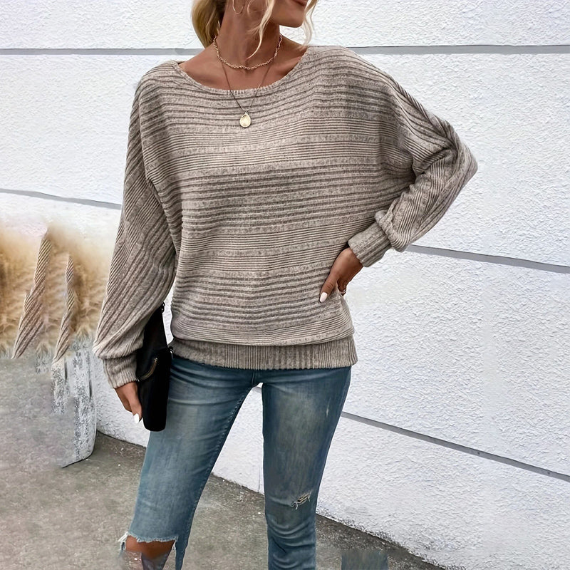 Women's Textured Round Neck Long Sleeve Top - Casual Solid Pullover For Spring & Fall