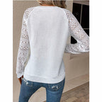 Women's Lace Waffle Knit Blouse, Long Sleeve Crewneck Business Casual Top