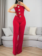 Spring And Summer New Women's Plus Size Sleeveless Button Red Strapless Asymmetrical Metal Buckle Decoration Plus Size Tight Jumpsuit Fashionable Party Outfit