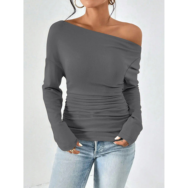 Women's Off The Shoulder Tops Long Sleeve T Shirts Going Out Tops Casual Trendy Ruched Slim Fitted Tees