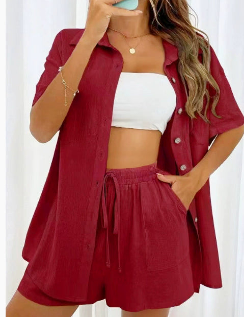 Women's Fashion Shorts Two Pieces Solid Color Shirt Suit