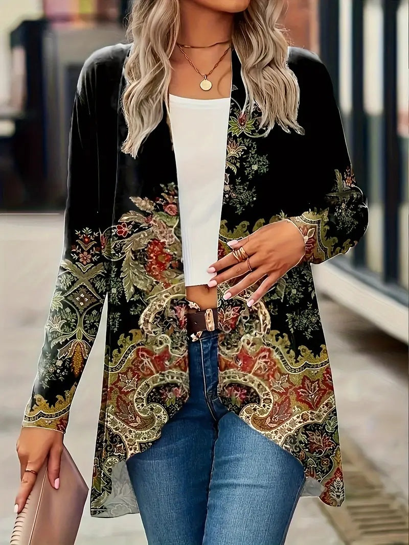 Spring And Autumn New Women's Top Printed Cardigan Casual Long Sleeve Light Jacket Black