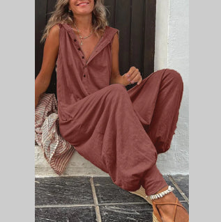 Button Hooded Sleeveless Trousers Jumpsuit
