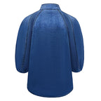 Women's Denim Puff Sleeve Top Solid Color Stand Collar Blouse With Bow Detail For Spring And Fall