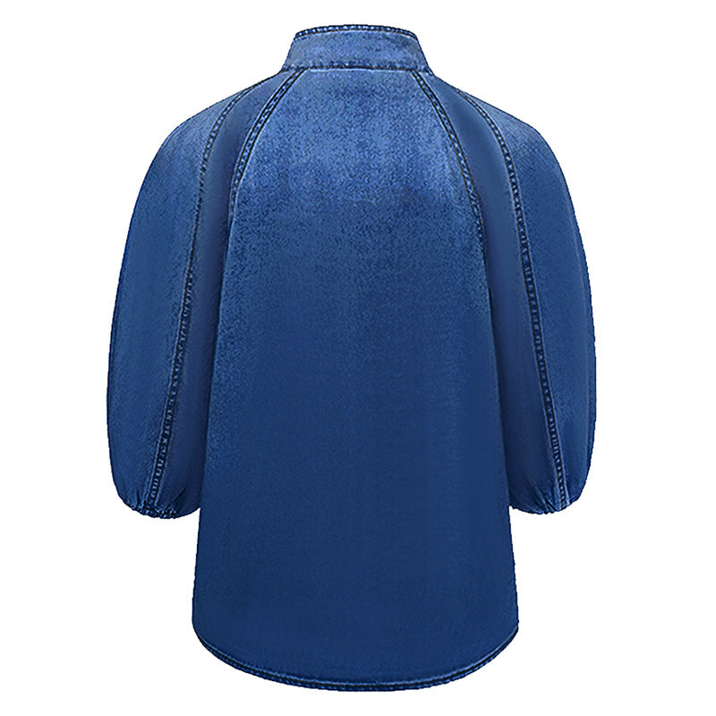 Women's Denim Puff Sleeve Top Solid Color Stand Collar Blouse With Bow Detail For Spring And Fall