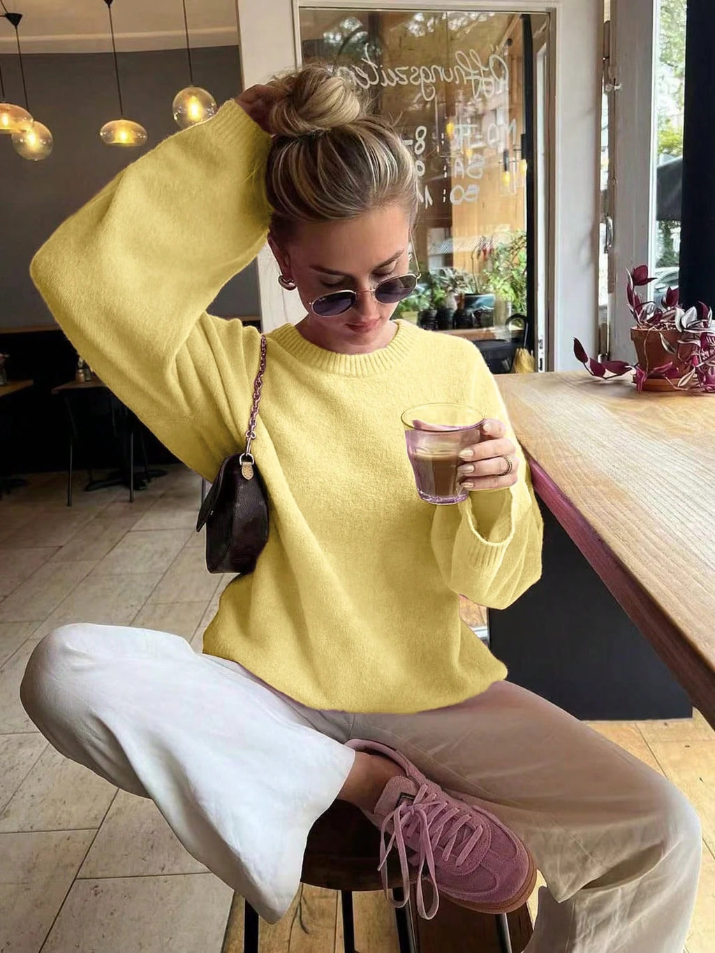 Yellow Solid Color Round Neck Long Sleeved Knitted Women's