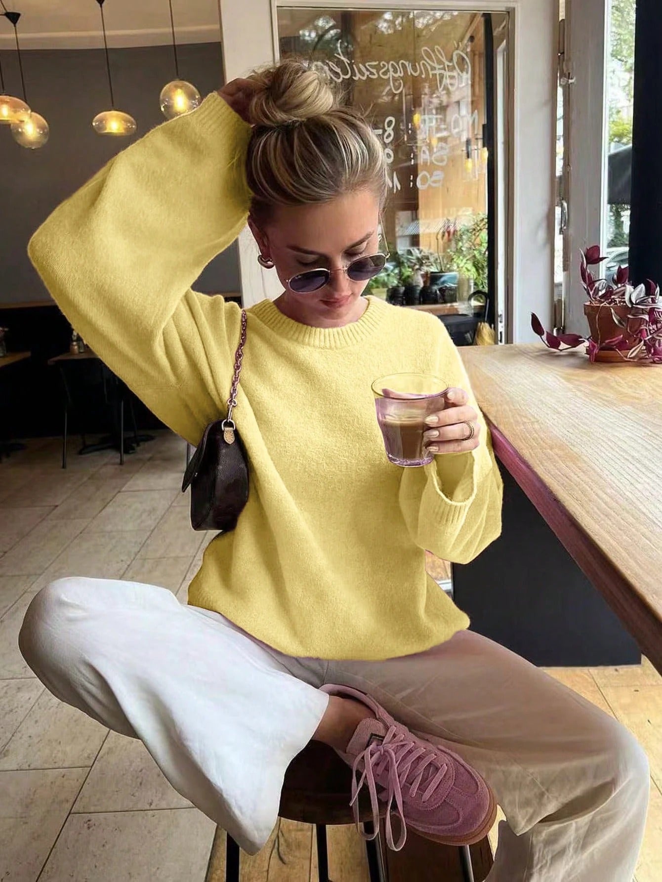Yellow Solid Color Round Neck Long Sleeved Knitted Women's