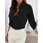 Womens Button Down Shirts V Neck Rolled Up Long Sleeve Tops Elegant Dressy Blouses Business Casual Outfits