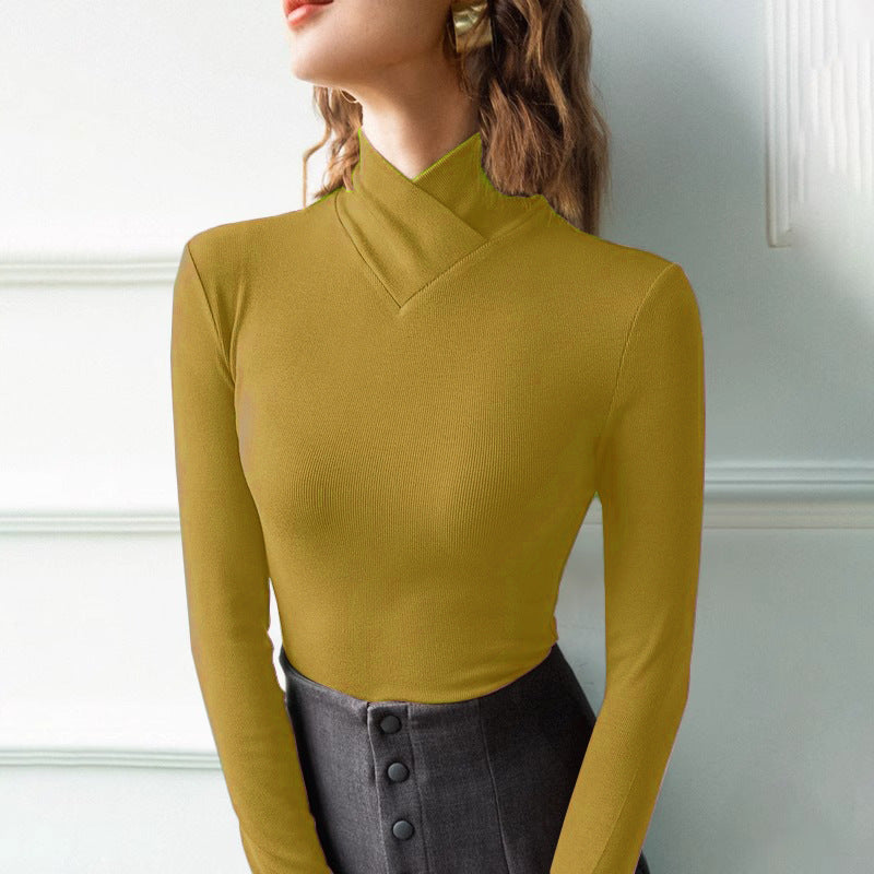 Women's Cross High Neck Top - Long Sleeve Slim Fit Dressy Casual Shirt For Spring & Fall