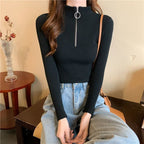 Women's Slim Fit Half-Zip Turtleneck Sweater, Long Sleeve Knit Top For Office And Casual Winter Wear