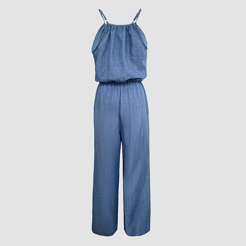 Women's Elegant Sleeveless Solid Color Jumpsuit - Wide Leg With Drawstring Waist, Shoulder-Baring Style For Spring&Summer