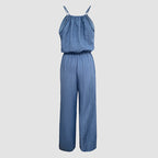 Women's Elegant Sleeveless Solid Color Jumpsuit - Wide Leg With Drawstring Waist, Shoulder-Baring Style For Spring&Summer