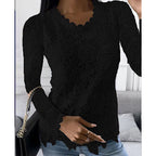 Plus Size Women's Solid Lace Top, Floral Pattern Round Neck Long Sleeve Blouse For Spring And Fall