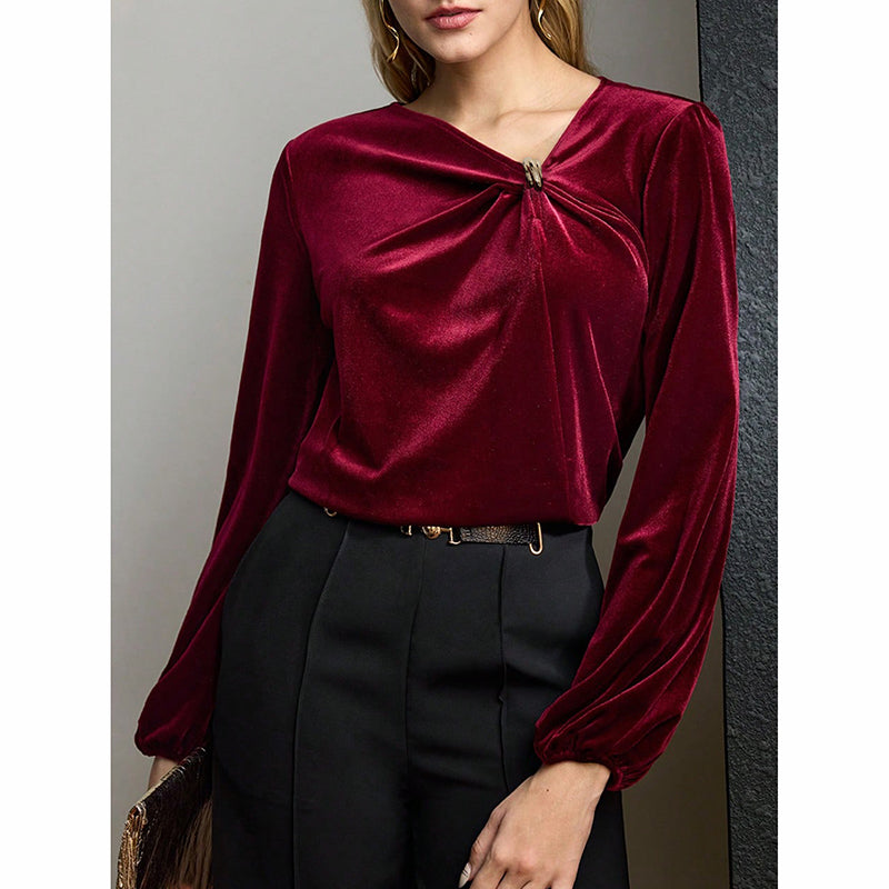 Women's Velvet Twist Knot Blouse, Asymmetric V-Neck Trendy Top