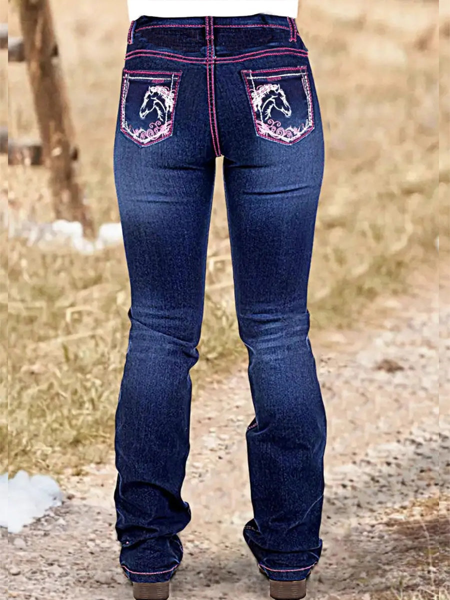 Women's Western Bootcut Jeans With Horse Embroidery, Mid-Rise Stretch Denim With Pink Contrast Stitching, Cowgirl Rodeo Style