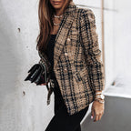 Women's Elegant Checkered Long Sleeve Blazer - Double-Breasted Printed Trench Coat For Fall&Winter, Office & Casual Jacket