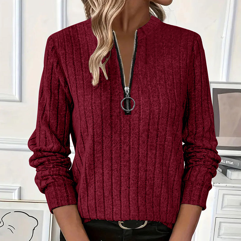 Women's Elegant Half-Zip Knit Sweater Round Neck Long Sleeve Pullover For Solid Color Casual Wear