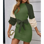 Women's Color Block Sweater Midi Dress - Fall Long Sleeve Bodycon Dress With Tie Waist
