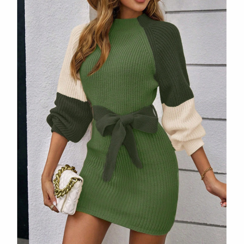 Women's Color Block Sweater Midi Dress - Fall Long Sleeve Bodycon Dress With Tie Waist