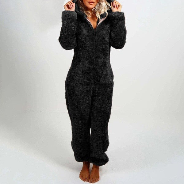 Thickened Wool Jumpsuit Hooded Casual Trousers