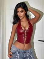 Women's Punk PU Halter Top Grommet Eyelet Tie Front Corset Crop Top