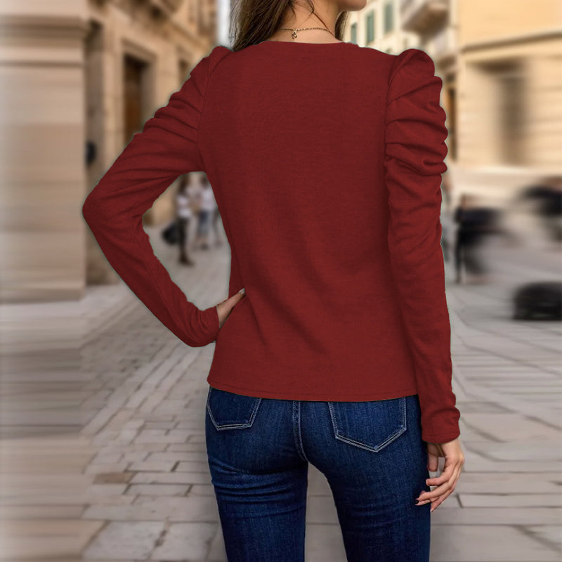 Women's Elegant Puff Sleeve Top, Ruffle Detail Long Sleeve Knit Blouse For Autumn And Winter