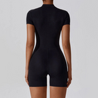 Summer Zip-Up Short Sleeve Shorts Yoga Bodysuit For Women - Dance Workout Form-Fitting One-Piece