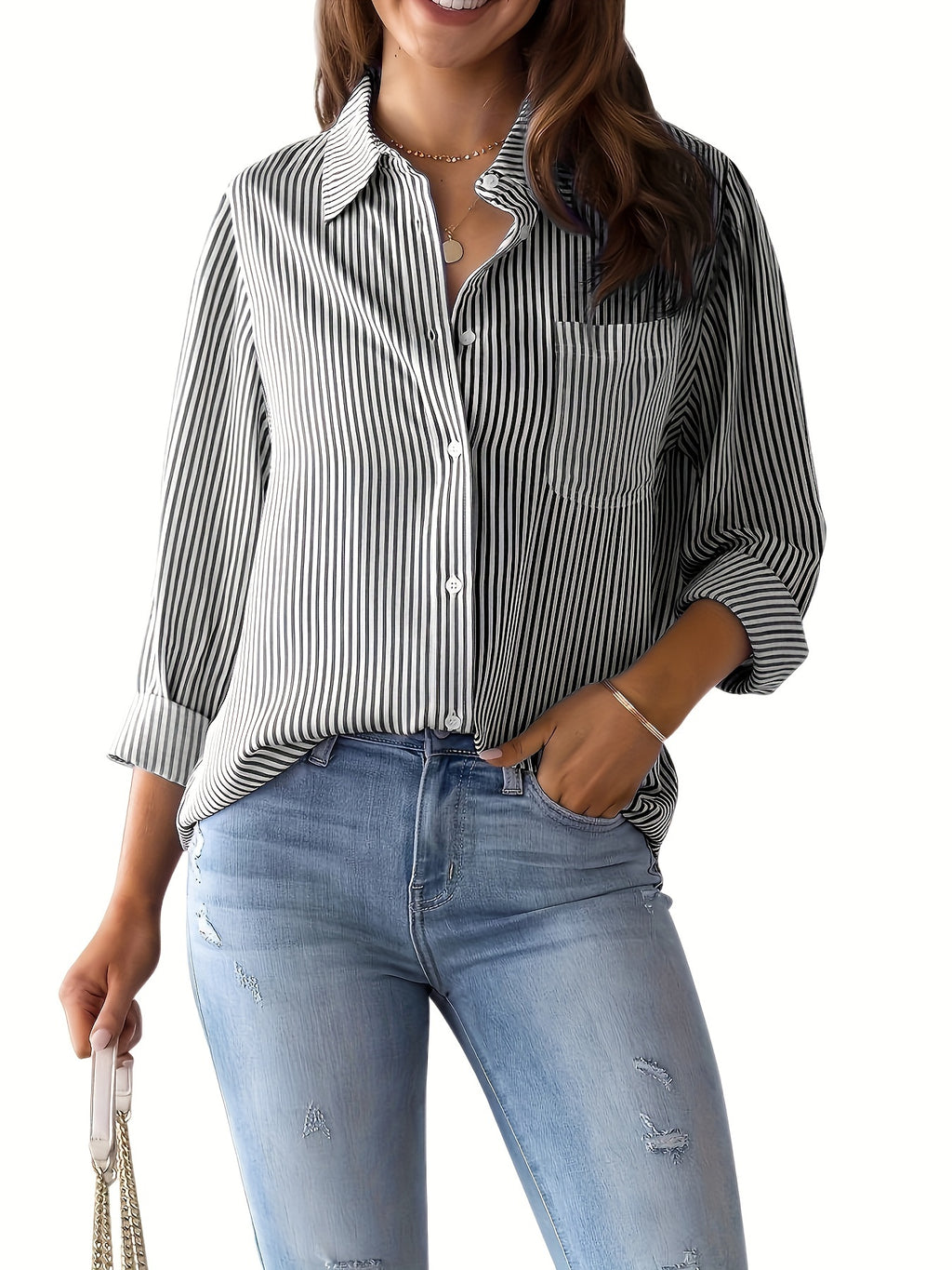 Ladies' Shirt, Classic Striped Print Casual Collar Long Sleeve With Pockets Shirt