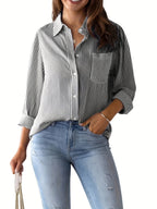 Ladies' Shirt, Classic Striped Print Casual Collar Long Sleeve With Pockets Shirt