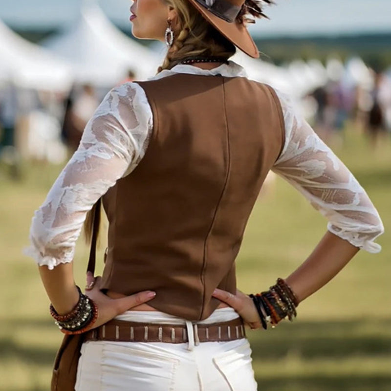 Women's Elegant Lace Trim Mock Two-Piece Blouse, Western Style V-Neck Top With Lace Sleeve For Office & Casual Wear