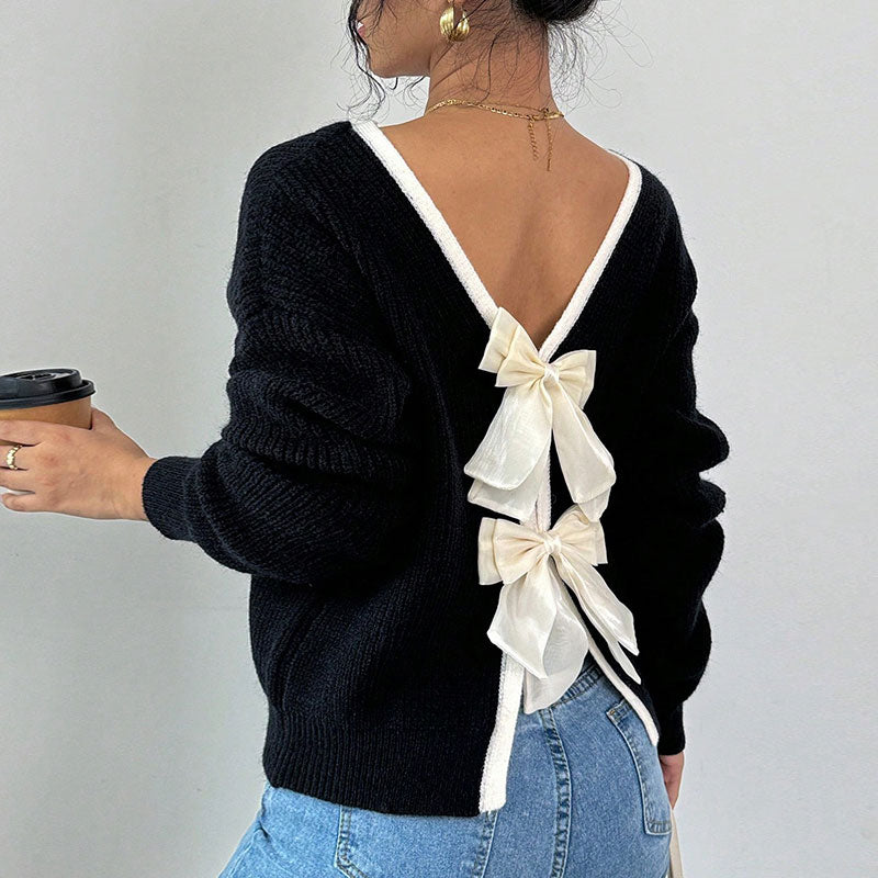 Women's Bow Sweater Long Sleeve Top, Open Back Crew Neck Split Pullover, Fall Trendy Going Out Sweater