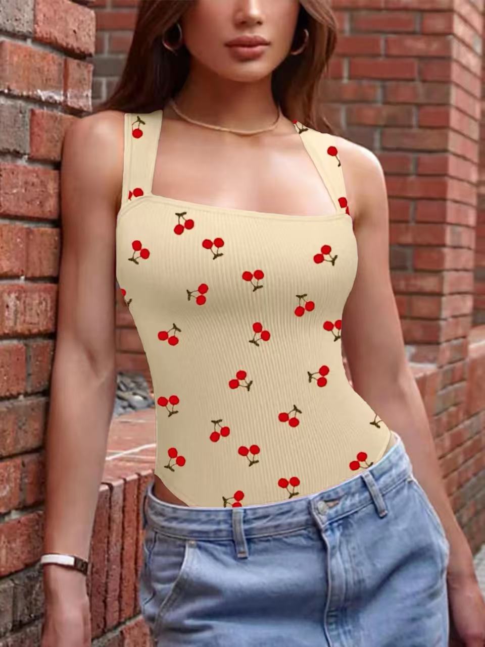 2 Packs NEW Women's Summer Outfit Baby Blue Cherry Print Jumpsuit For Women Vintage Chic, Lightweight Perfect For Commute, Comfortable Stylish, Flattering Silhouette