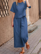European And American Women's Linen Casual Loose Solid Color Suit Two-piece Women