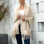 Women's Faux Fur Trim Cardigan Coat - Fringe Hem Layer Poncho For Fall & Winter