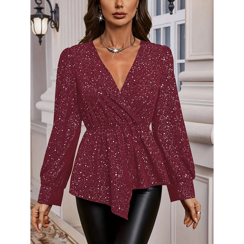 Womens Sparkly Tops Shiny Long Sleeve Ruched Asymmetrical Hem Sparkle Blouses Cocktail Party Evening Shirts