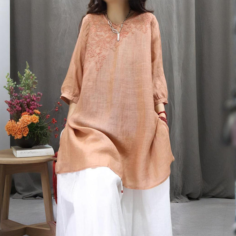 Women's Solid Color Round Neck Embroidered Long Sleeve T-Shirt - Vintage Floral Design Spring Summer Casual Comfort